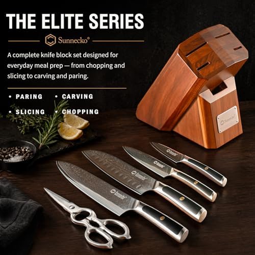 Sunnecko 7-Piece Damascus Kitchen Knife Set with Block