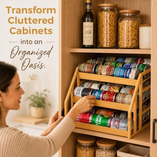 MinBoo 3-Tier Bamboo Can Organizer for Pantry - Holds 36 Cans (9/12/15) - Stackable Canned Food Dispenser with Adjustable Dividers - Gravity-Fed Rolling Storage Rack for Kitchen Cabinets