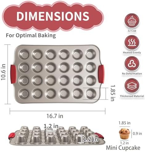 24 Cup Mini Cupcake Pan with Silicone Handles, Non-Stick Mini Muffin