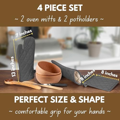 Native Fab Farmhouse Oven Mitts and Pot Holders Set of 4, Grey