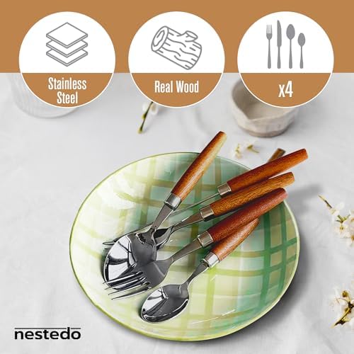 16-Piece Wood Handle Flatware Set, Stainless Steel, Service for 4
