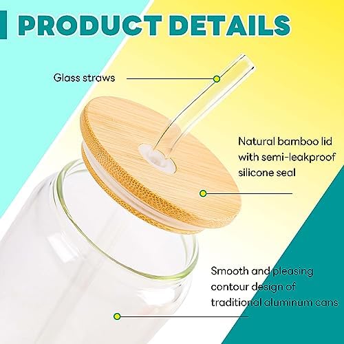 Joyclub 8pcs 16Oz Glass Cups with Bamboo Lids and Straws Drinking