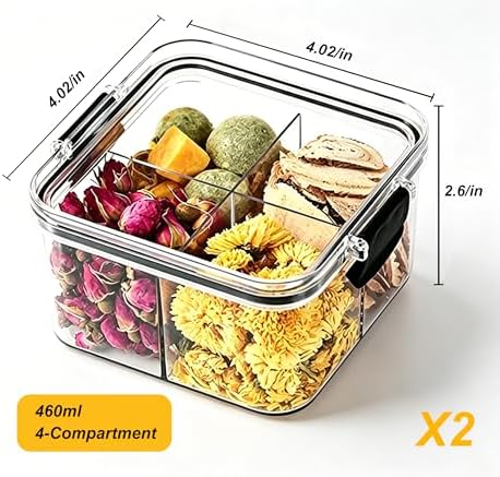 2 Pack 4 Compartment Airtight Food Storage Containers,460 ml Divided