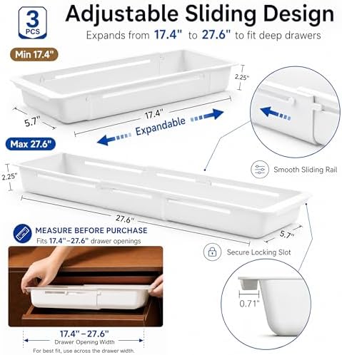 3-Pack Expandable Drawer Organizer for Deep Drawers, Adjustable 17–27