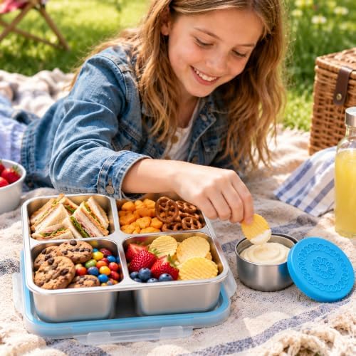 PUNOMO 4 Pack Stainless Steel Snack Containers with 4 Salad Dressing