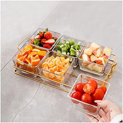 6 Clear Glass Serving Bowls Set with Gold Metal Rack Tray, Removable