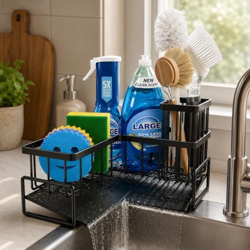 Black L-Shaped Sink Caddy with Drain