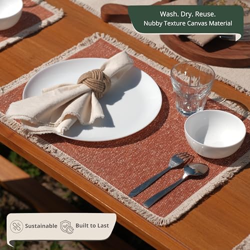 Hausattire Cotton Frayed Placemats Set of 6 Dining Table 13x19 Inch