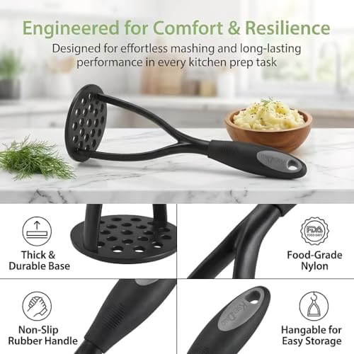 KSENDALO Potato Masher, Thick Nylon Blade Non-Scratch Masher