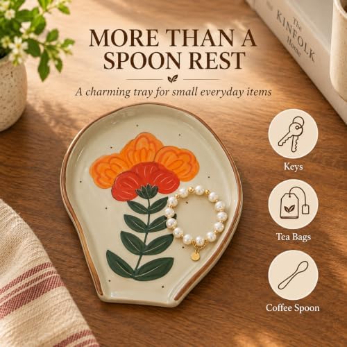 Vintage Ceramic Spoon Rest for Stove Top, Hand-Painted Floral spatula