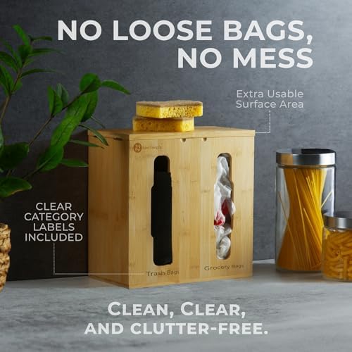 2-in-1 Bamboo Plastic Bag Holder and Trash Dispenser – Large Capacity