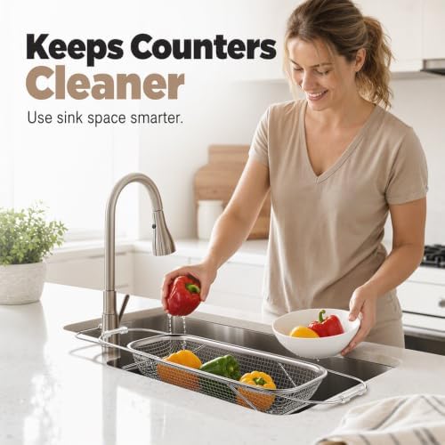 Stainless Steel Over-The-Sink Colander Strainer Basket, Expandable