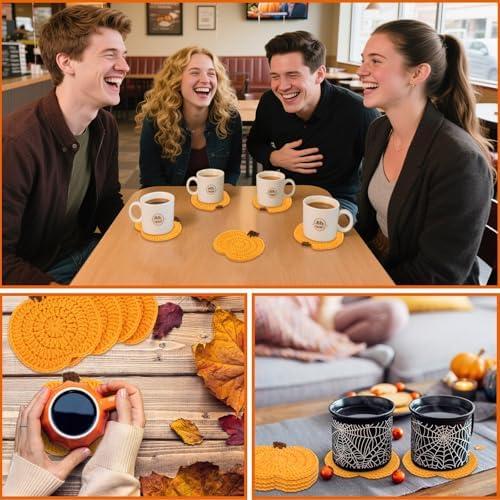 UPINS 6Pcs Pumpkin Crochet Coasters,Fall Themed Drinks Coasters Set