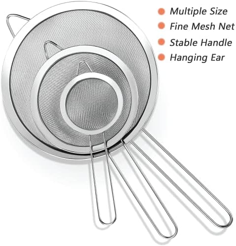 3 Fine Mesh Strainers Set with Handle for Kitchen - Sizes 7", 4.7"