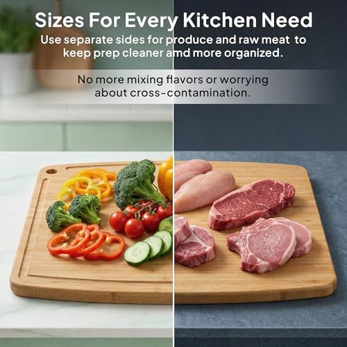 Bamboo Cutting Board Set of 3 with Storage Holder, Reversible Wood