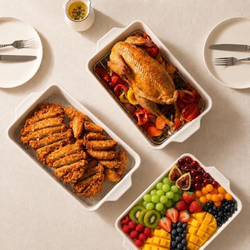 Ceramic Casserole Dish with Lid & Rack,2 Pack 7x10 inch Baking Dish