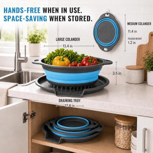 2 Collapsible Colanders with Self-Draining Tray(Blue)