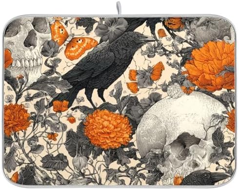 OTVEE Floral Macabre Skull Dish Drying Mat for Kitchen Counter