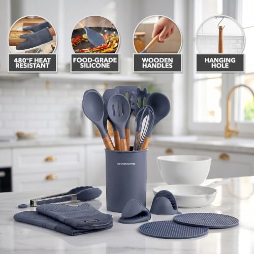 OVENTE Silicone Cooking Utensils Set, 17-Piece, Grey