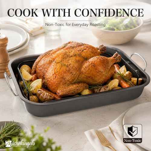 MICHELANGELO 15-Inch Turkey Roasting Pan with V Rack, Carbon Steel