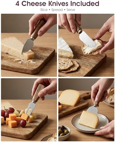 100% Acacia Wood Charcuterie Board Gift Set with Handle & 4 Cheese Knives