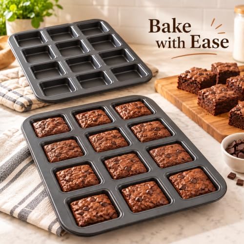 3 Pcs 12-Cavity Brownie Pan with Dividers, Black, 14" × 10.5" × 1.2"