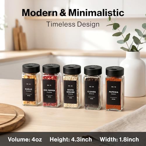 EDELHAUS Glass Spice Jars with Label and Black Sprinkle Lids