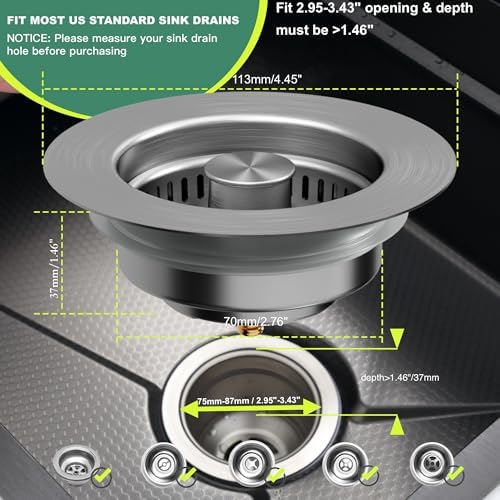 Sink Drain Strainer 3 in 1, 304 Stainless Steel Pop Up Sink Stopper