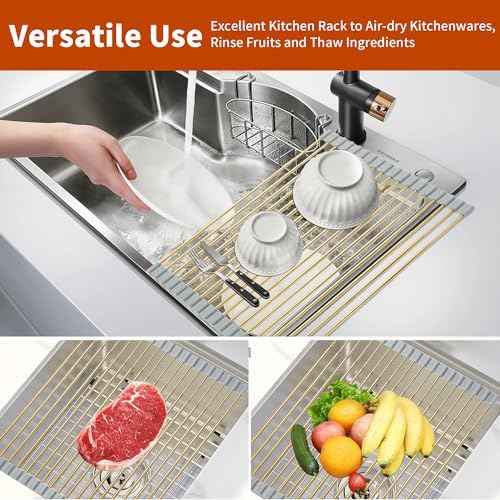 Expandable Roll-Up Dish Drying Rack, Gold, 304 Stainless Steel
