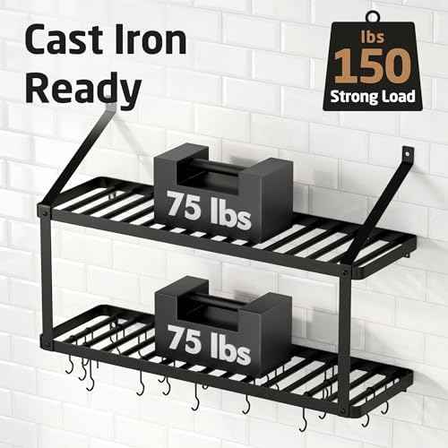 KES 150 lb High-Capacity Pot Rack Wall Mounted with Pot Lid Holder, 34 Inch Heavy-Duty Pots and Pans Hanging Rack with 20 Hooks, Drilling Template Provided for Easy Install, Matte Black, KUR528S88-BK