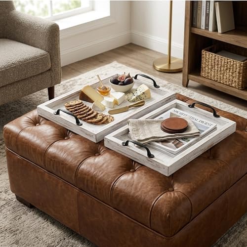 Gennua Kitchen Rustic Serving Tray Set with Handles, 2 Nesting Wooden