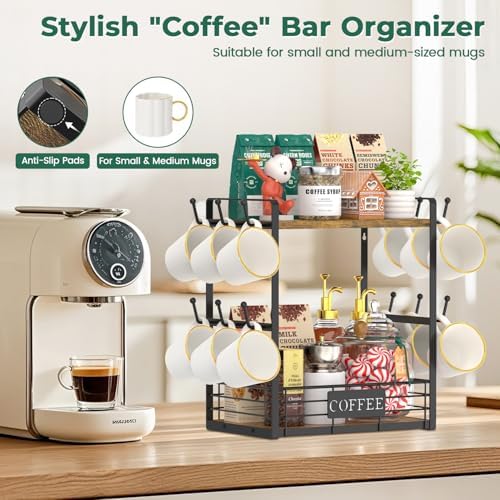EsLuker.ly 2 Tier Mug Holder, 12 Hooks, Vintage Brown Black