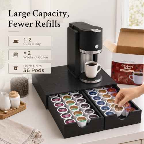Mustry Wooden K Cup Holder, 36 Pod Capacity, Black K Cup Drawer Organizer