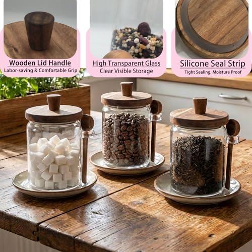 Set of 3 Glass Jars with Wooden Lids and Scoops, 31oz Coffee Food