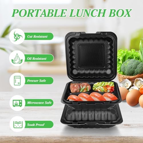50Pack 8" X 8" 3-Compartment Clamshell To Go Food Containers With