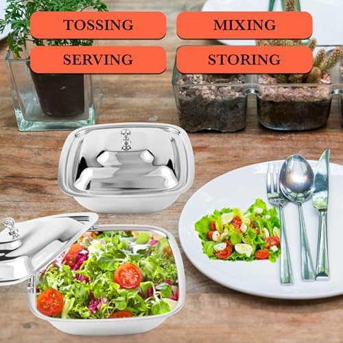 CRAFTONE Stainless Steel Square Mixing Bowls Set of 3 with Lid, Ideal for Baking & Serving Salad, Rice, Desert, Food Storage Bowl Set (20 Oz, 30 Oz and 35 Oz)