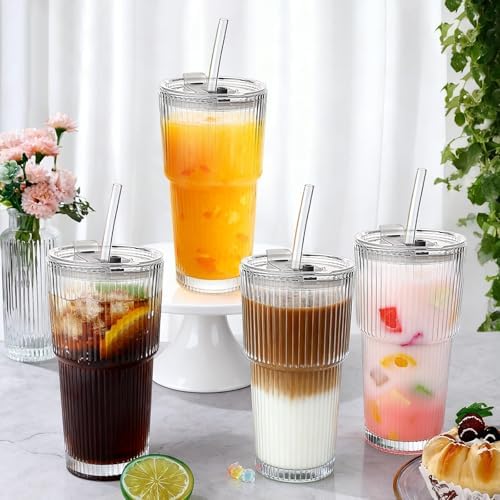 20 OZ Glass Coffee Cups with Lids and Straws, Set of 4 Ribbed Glass