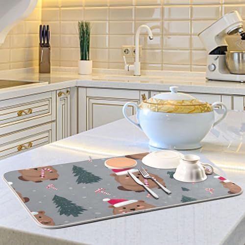 OTVEE Holiday Rodent Art Dish Drying Mat for Kitchen Counter Absorbent