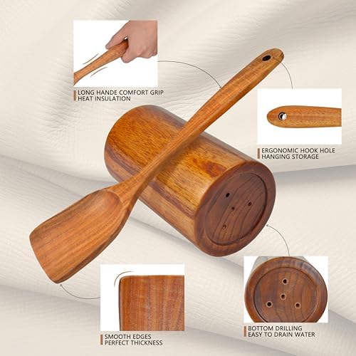 Brosisincorp 10-Piece Natural Teak Wood Spoon Set with Holder