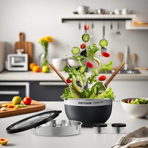 74oz Salad Bowl Kit with Lid & Tray, Scratch-Resistant 18/8 Stainless
