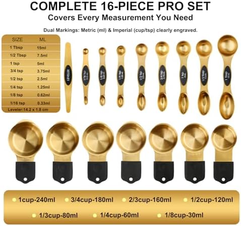 Gold Magnetic Measuring Cups & Spoons Set of 16, 7 Stainless Steel
