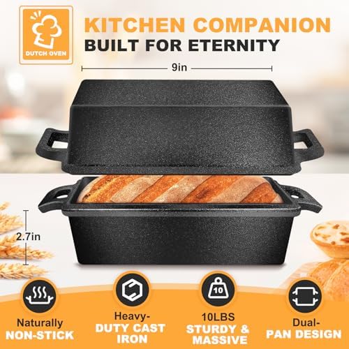 MSJGA 9×5 Inch Cast Iron Loaf Pans with Lid for Bread Baking, 2 In 1