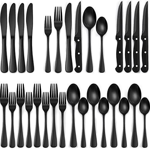 EWFEN 24-Piece Black Silverware Set with Steak Knives, Black Flatware