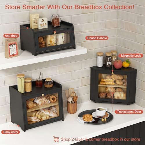 Goozii Black Bread Box for Kitchen Countertop, Small Vintage Counter Top Breadbox, Homemade Bread Storage Container for Sourdough Loaf, Farmhouse Wooden Corner Kitchen Counter Organizer for Cabinet