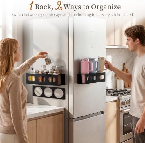 2-Pack 2-in-1 Magnetic Fridge Spice Rack with Cup Holder Panel