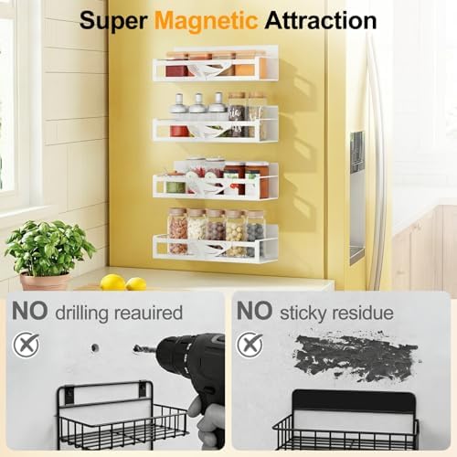 4-Pack Metal Magnetic Spice Rack for Refrigerator, White