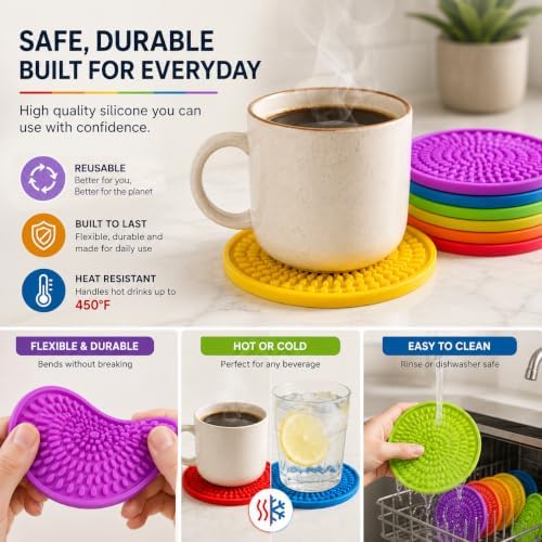 Silicone Coasters for Drinks - Absorbent Rubber Coasters Set of 6
