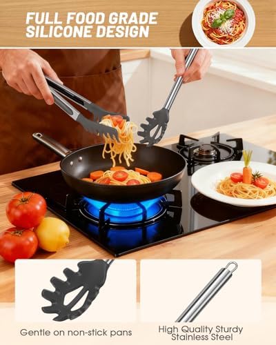 Spaghetti Spoon and Pasta Tong with Teeth, 2-Piece, Grey