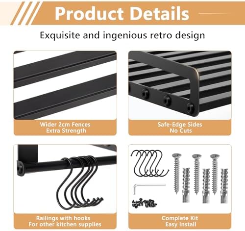 Microwave Wall Shelf, Carbon Steel Rack with Hooks for Kitchen