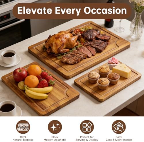 3 Pack Bamboo Cutting Boards Set for Kitchen